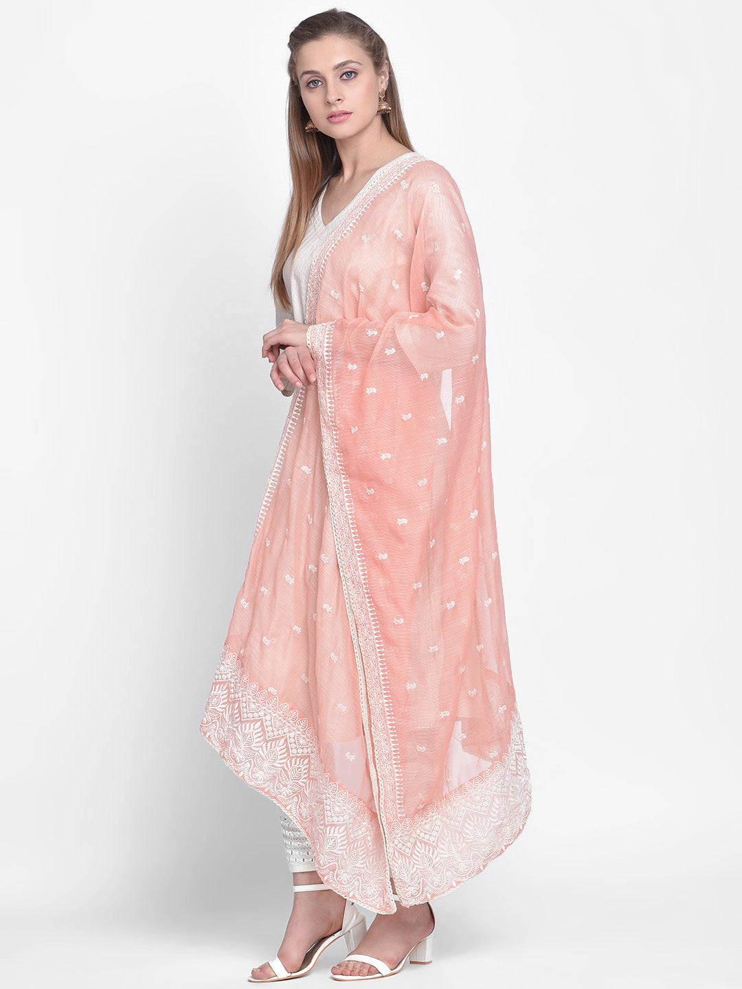 Dupatta Bazaar Woman's Embroidered Peach Super Net Dupatta. - Dupatta Bazaar