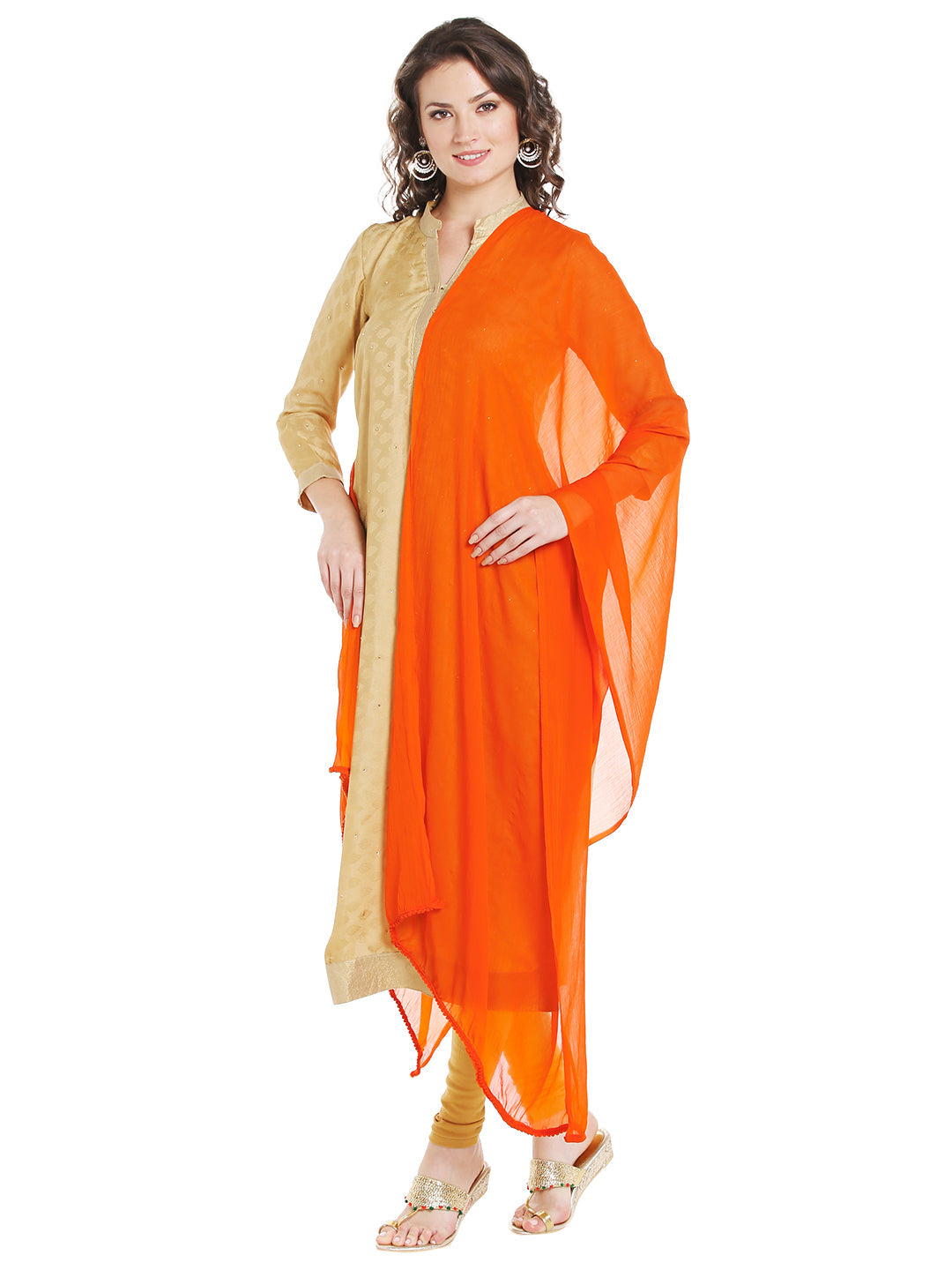Dupatta Bazaar Woman's Orange Chiffon Dupatta with Beaded Lace - Dupatta Bazaar