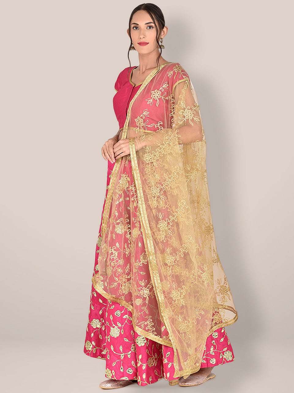 Embroidered Gold Net Dupatta freeshipping - Dupatta Bazaar