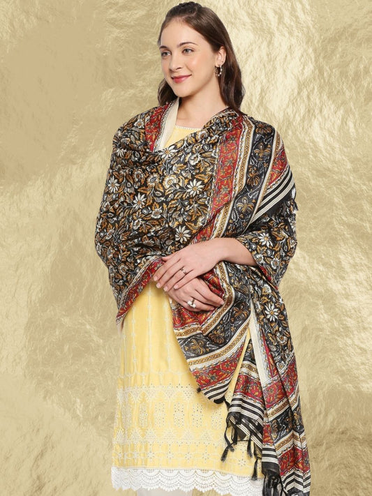 Black Floral Printed Blended Silk Dupatta
