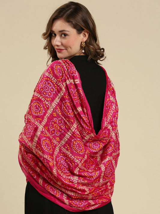 Rani Pink Bandhini Gharchola Printed Art Silk Crushed Dupatta