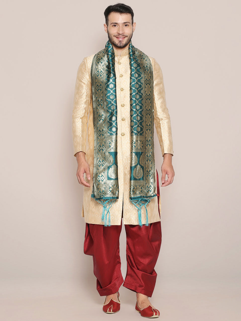 Men's Rama Green Banarasi Silk Stole freeshipping - Dupatta Bazaar