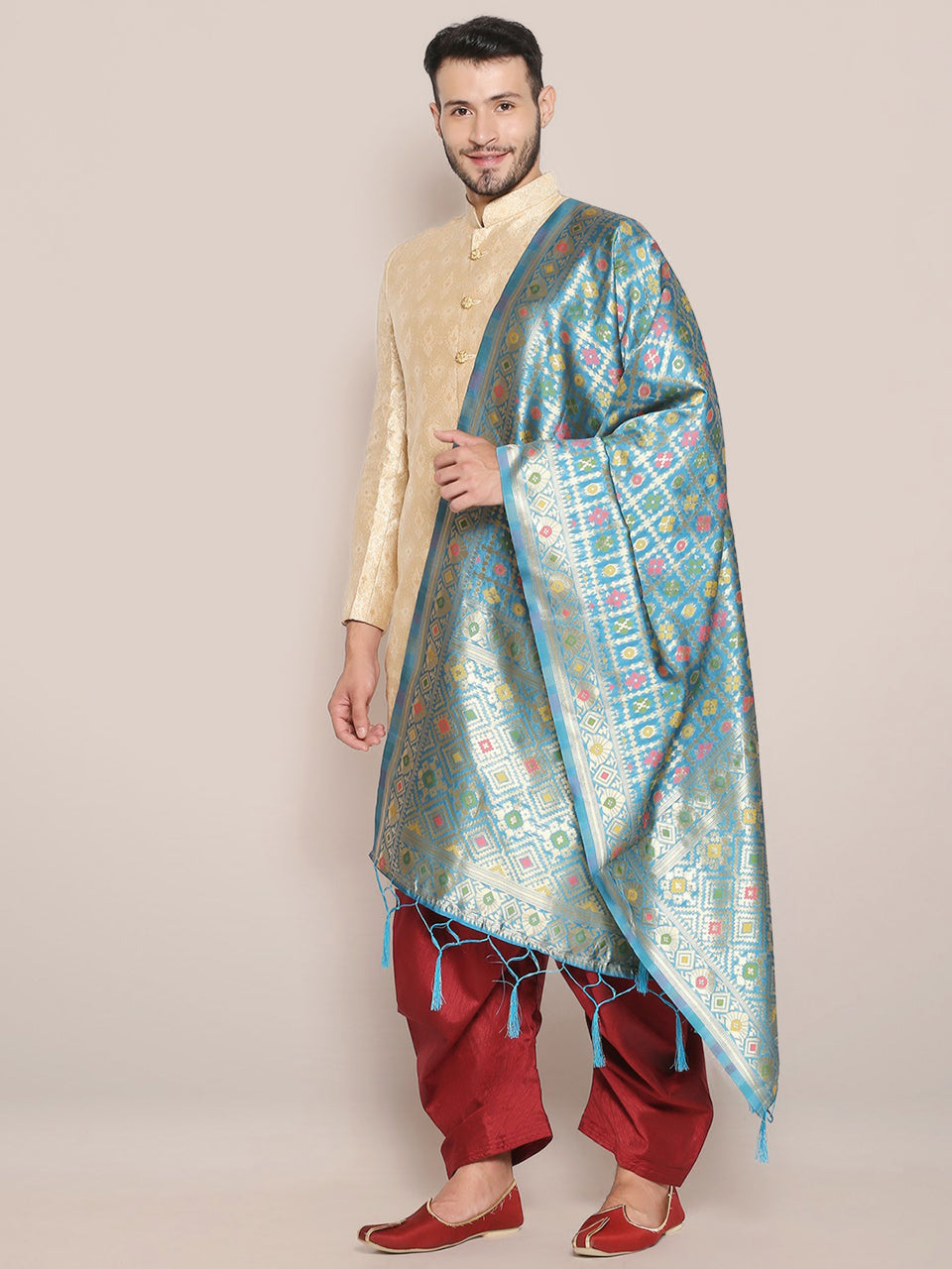 Men's Blue Banarasi Silk Dupatta. freeshipping - Dupatta Bazaar