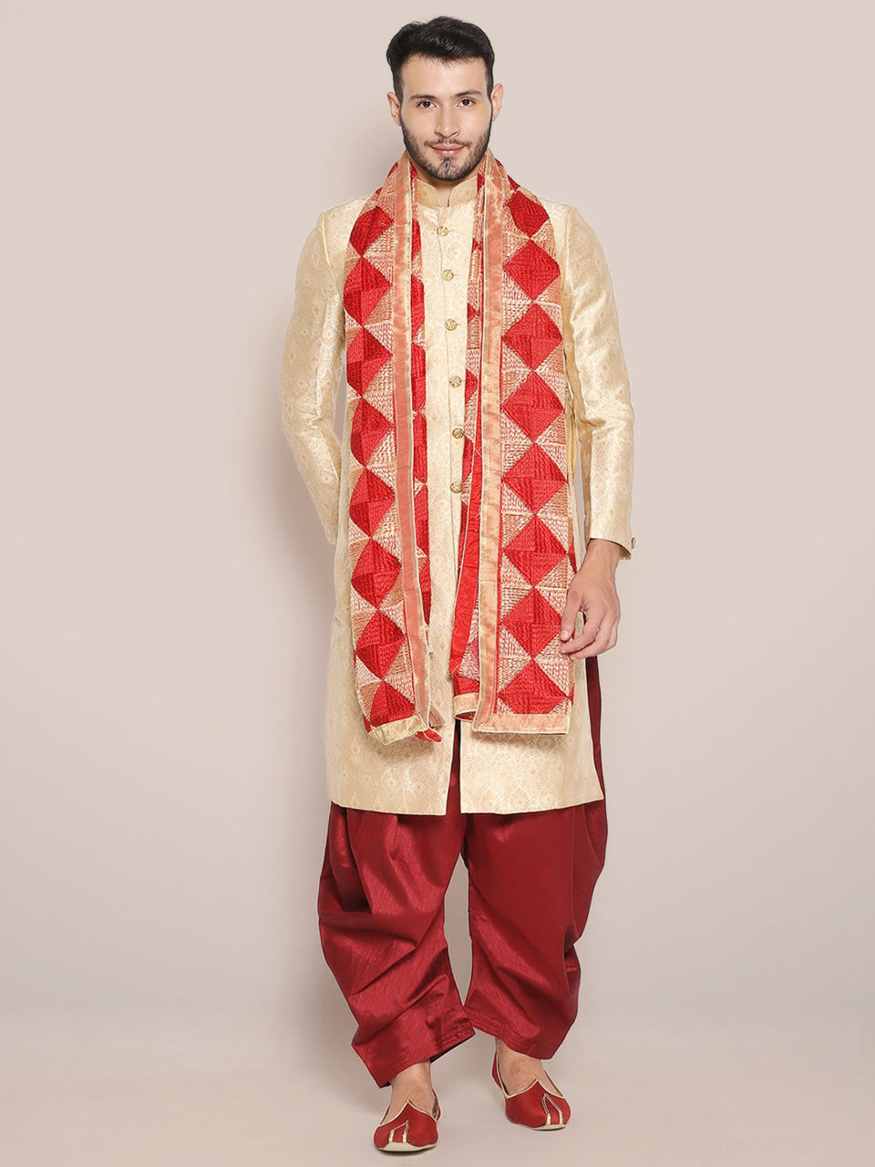 Men's Red & Gold Phulkari Chiffon Dupatta freeshipping - Dupatta Bazaar