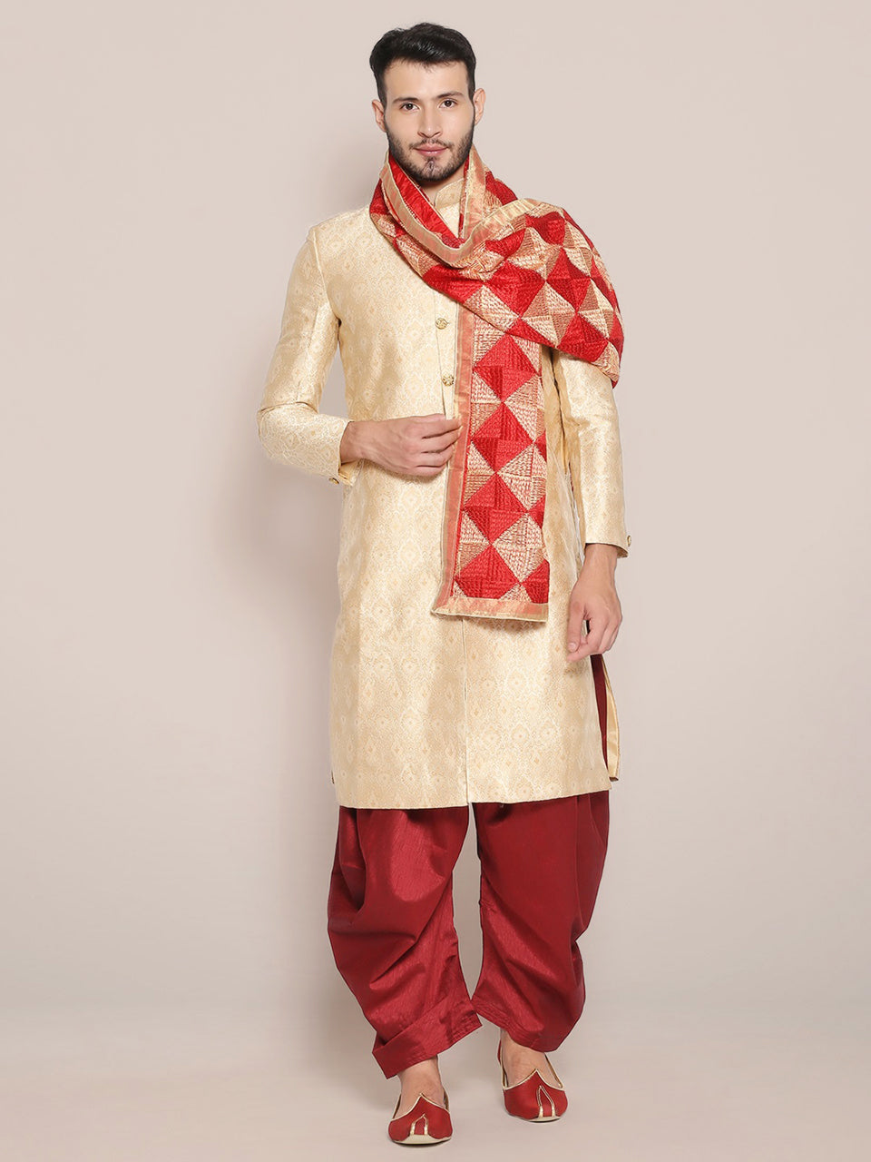 Men's Red & Gold Phulkari Chiffon Dupatta freeshipping - Dupatta Bazaar