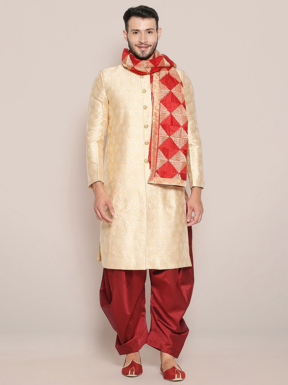 Men's Red & Gold Phulkari Chiffon Dupatta freeshipping - Dupatta Bazaar