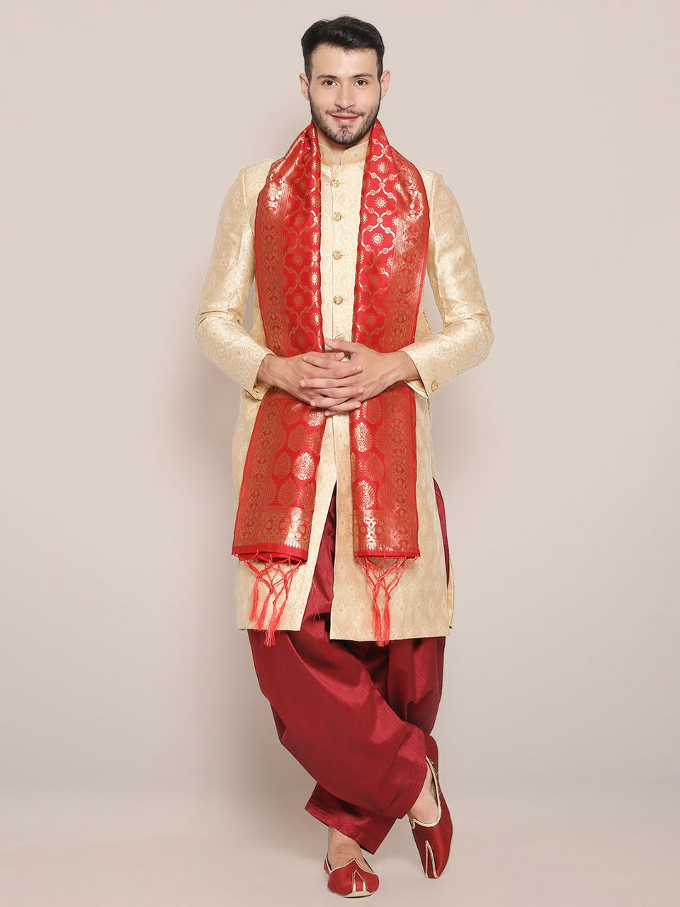 Men's Red Banarasi Silk Stole freeshipping - Dupatta Bazaar
