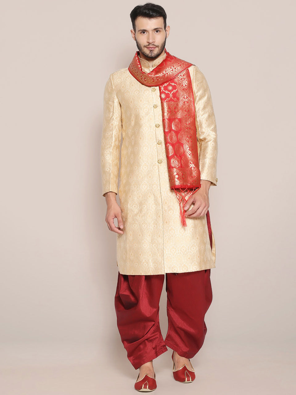 Men's Red Banarasi Silk Stole freeshipping - Dupatta Bazaar