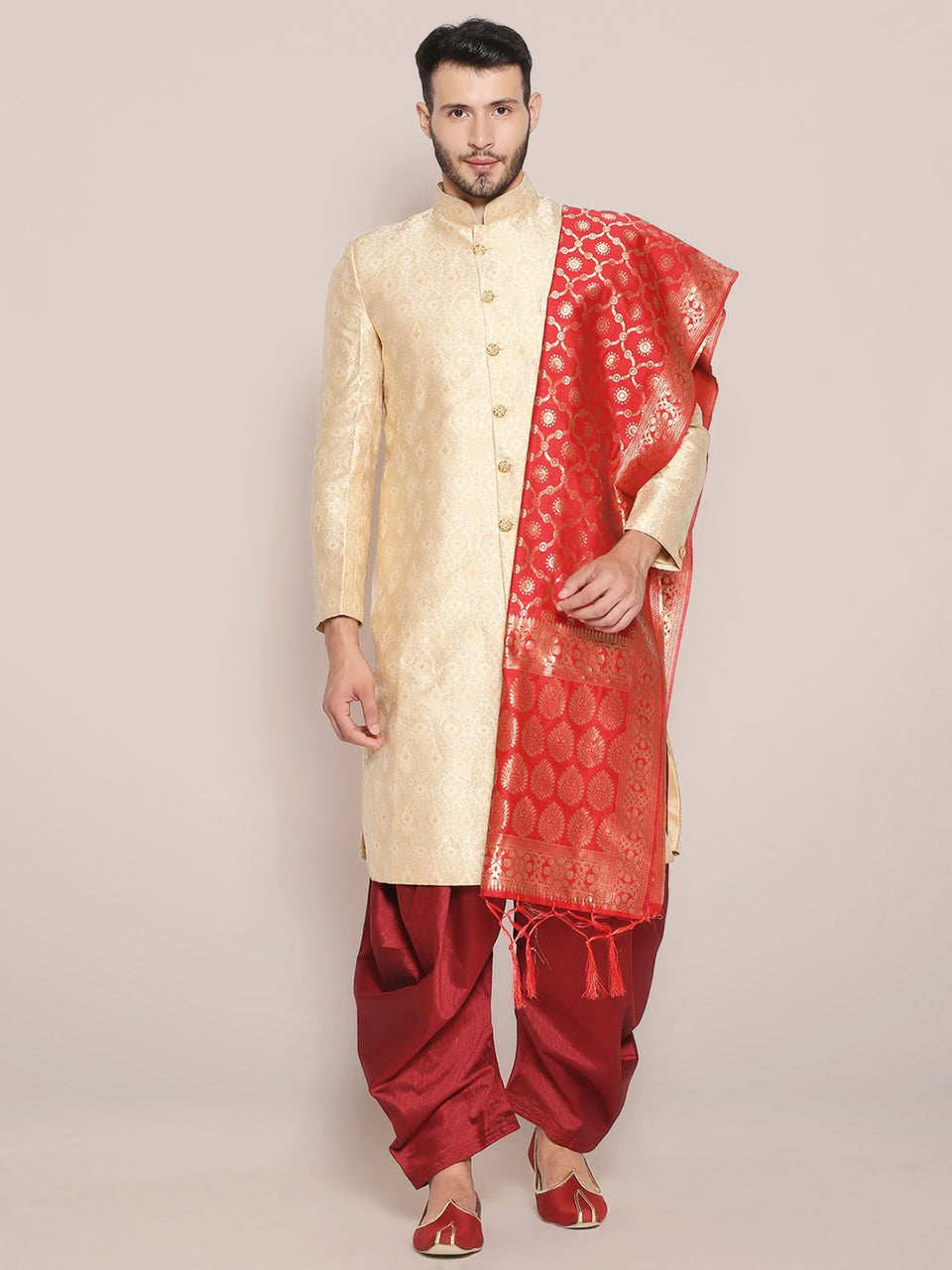 Men's Red Banarasi Silk Stole freeshipping - Dupatta Bazaar