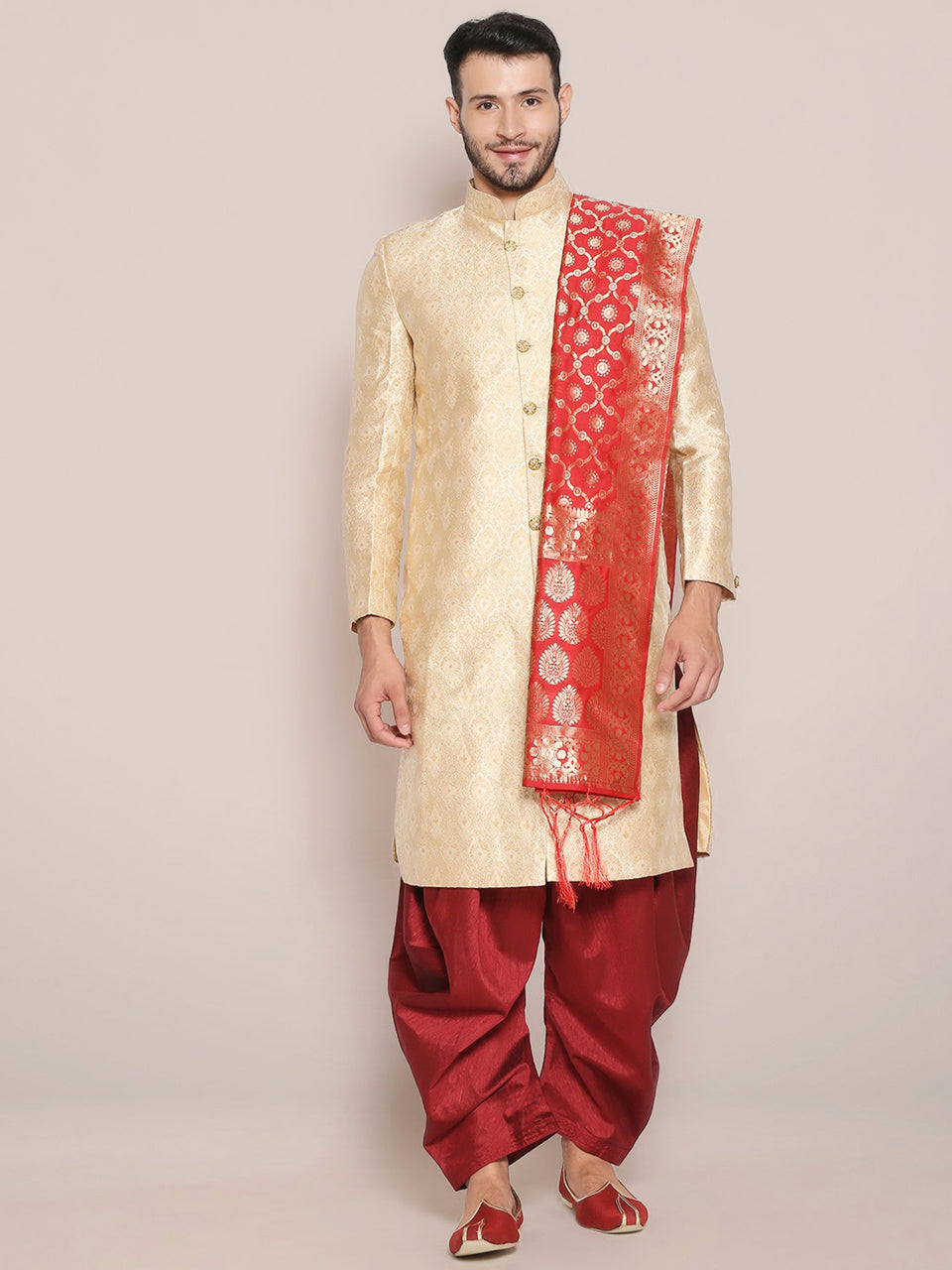 Men's Red Banarasi Silk Stole freeshipping - Dupatta Bazaar