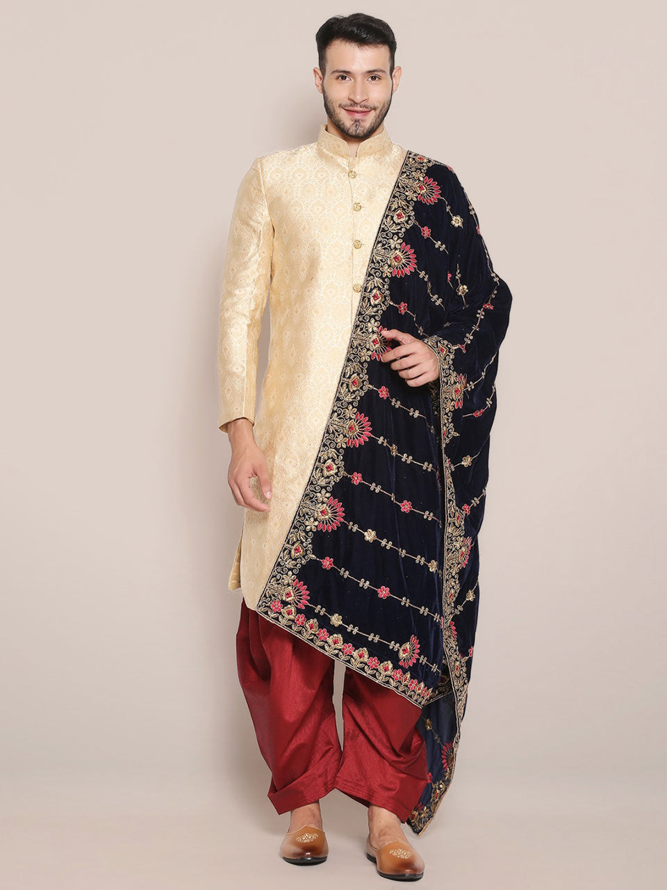 Men's Navy Blue Velvet Dupatta. freeshipping - Dupatta Bazaar