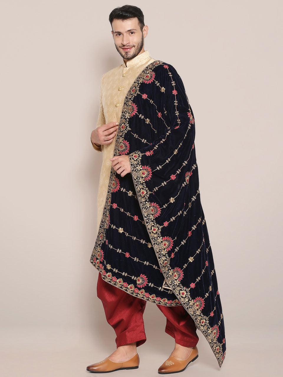 Men's Navy Blue Velvet Dupatta. freeshipping - Dupatta Bazaar