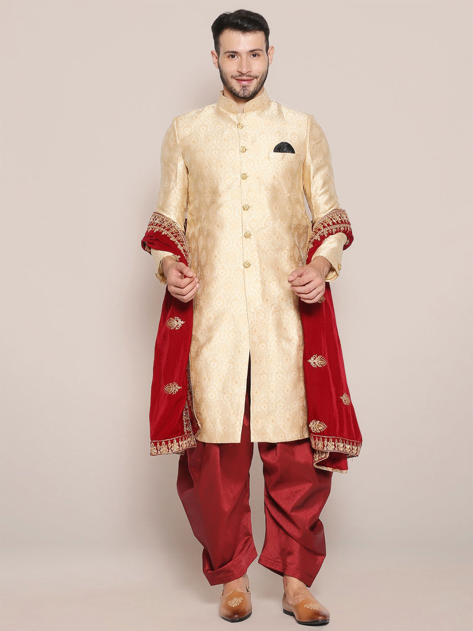 Men's Maroon Velvet Dupatta with Embroidered Gold Motifs. freeshipping - Dupatta Bazaar