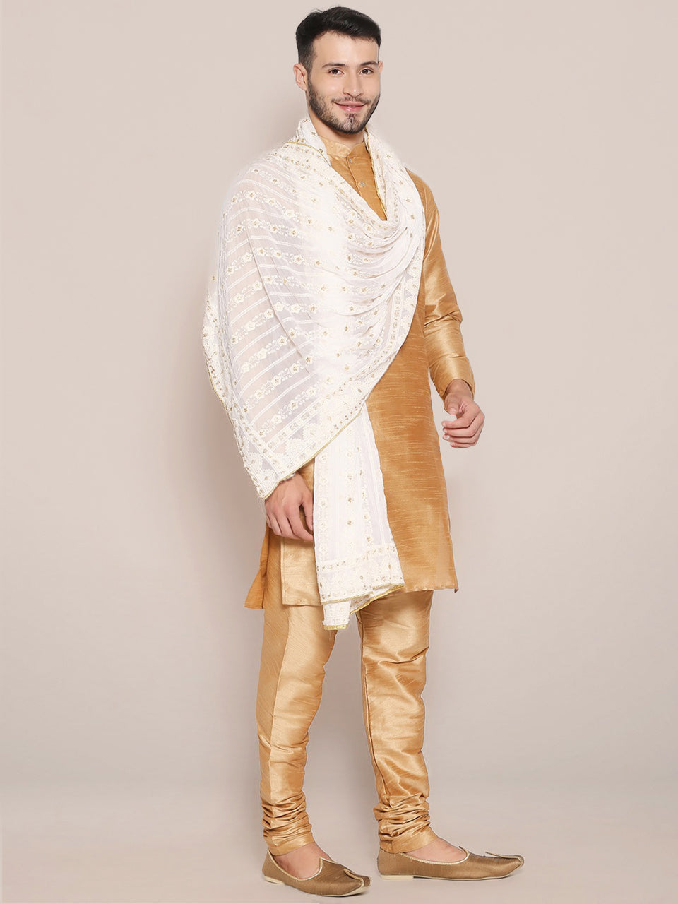Men's Off White Lucknowi Georgette Dupatta freeshipping - Dupatta Bazaar