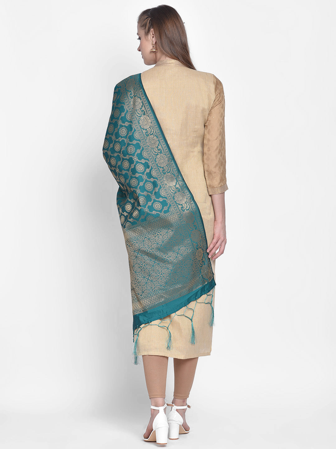 Dupatta Bazaar Woman's Rama Green Banarasi Silk Dupatta with floral design. - Dupatta Bazaar