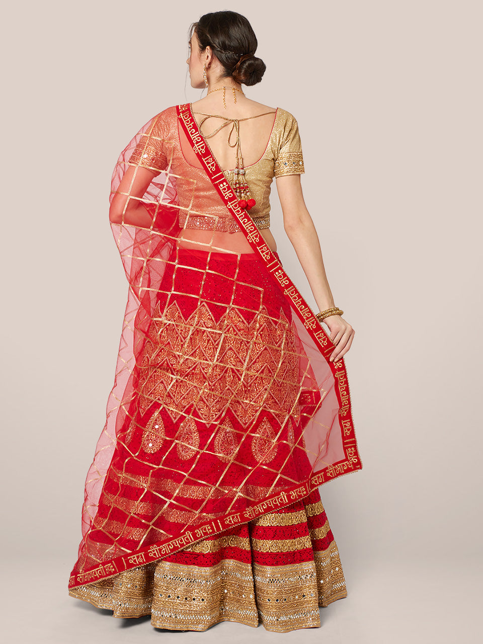 Red Bridal Sada Saubhagyavati Bhav Organza Dupatta freeshipping - Dupatta Bazaar