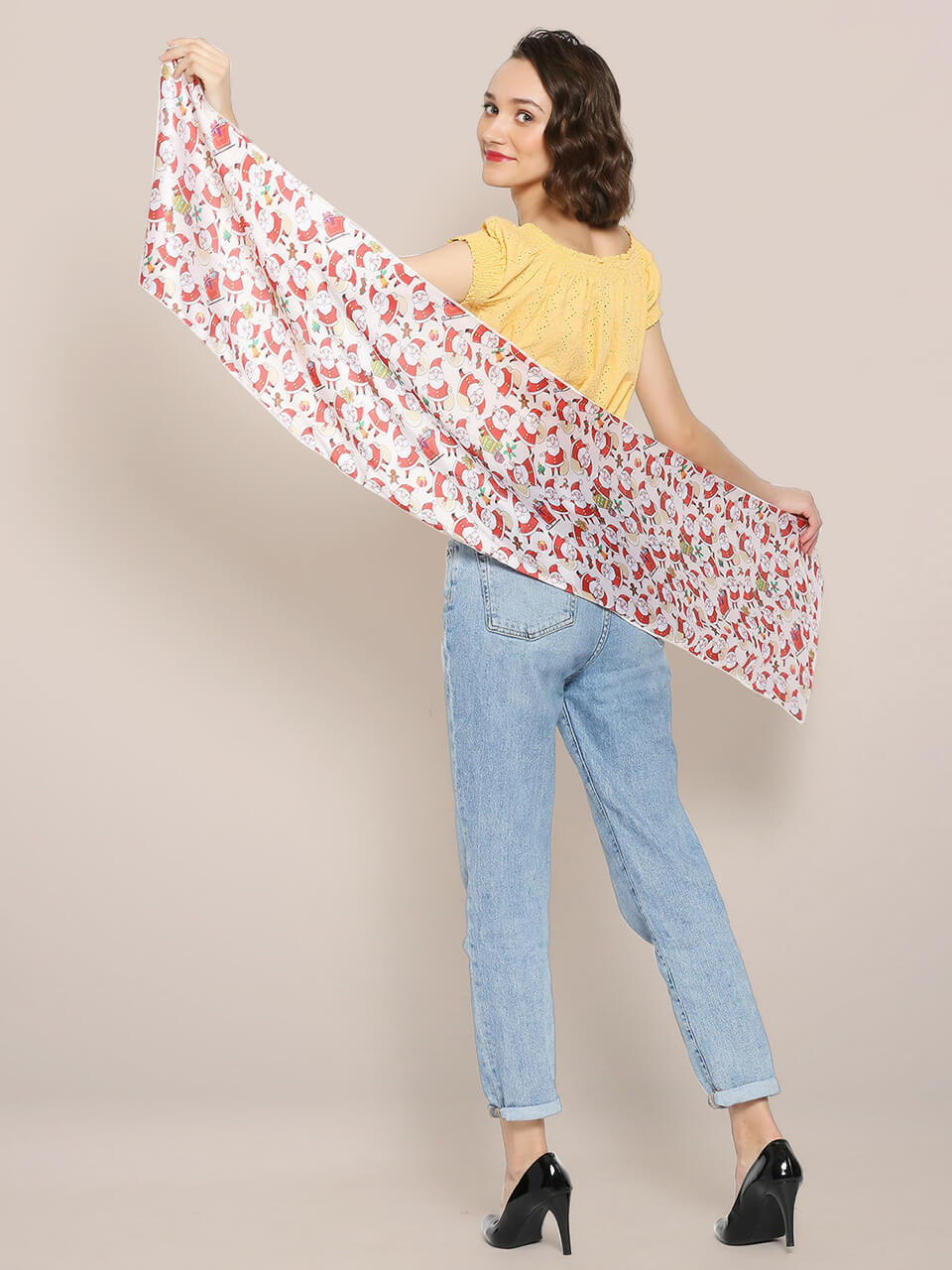 Printed Cream & Multicolor Satin Christmas Holiday Scarf/ Stole 