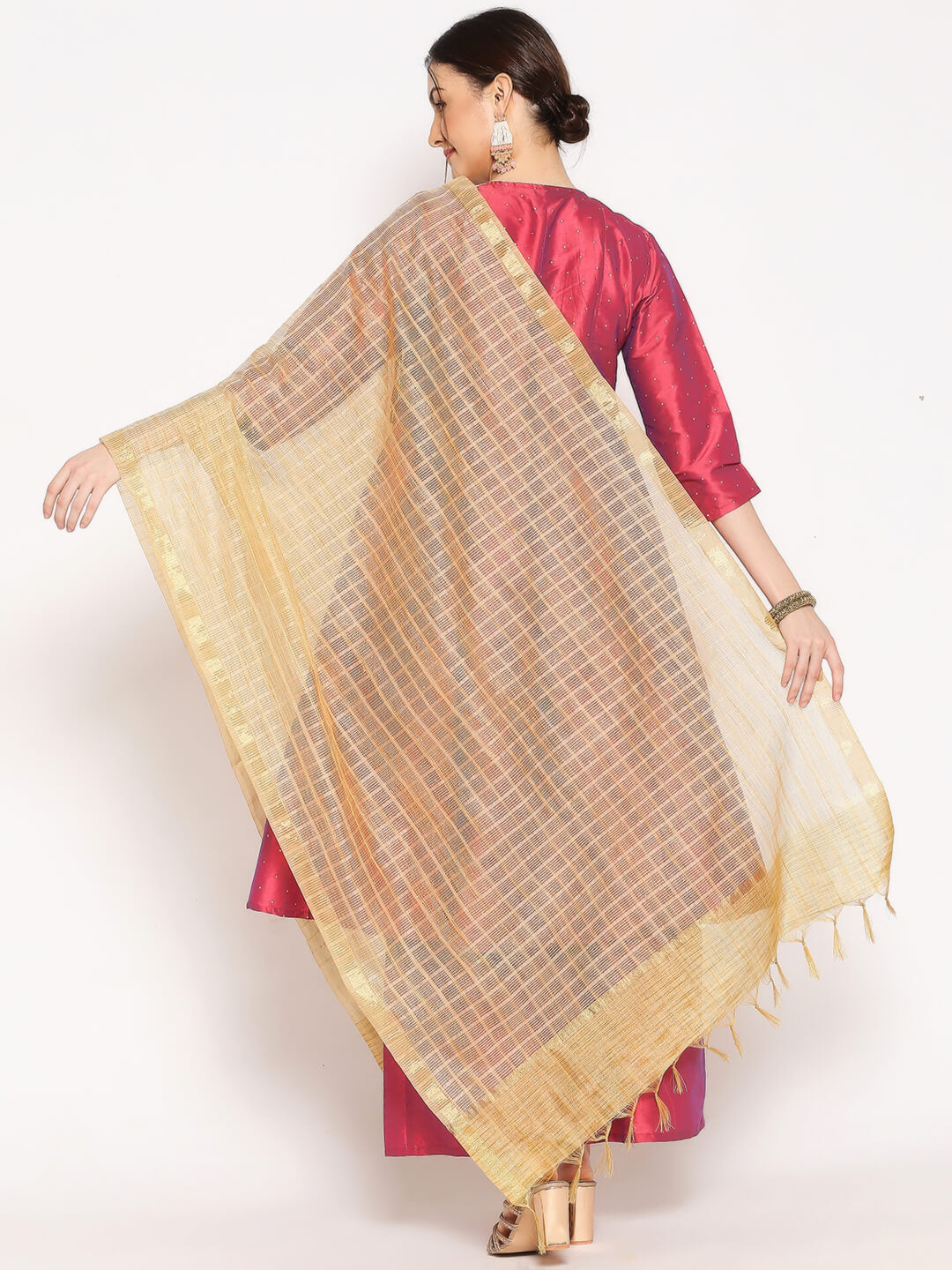 Gold Blended Silk Dupatta with Self checkered Pattern 