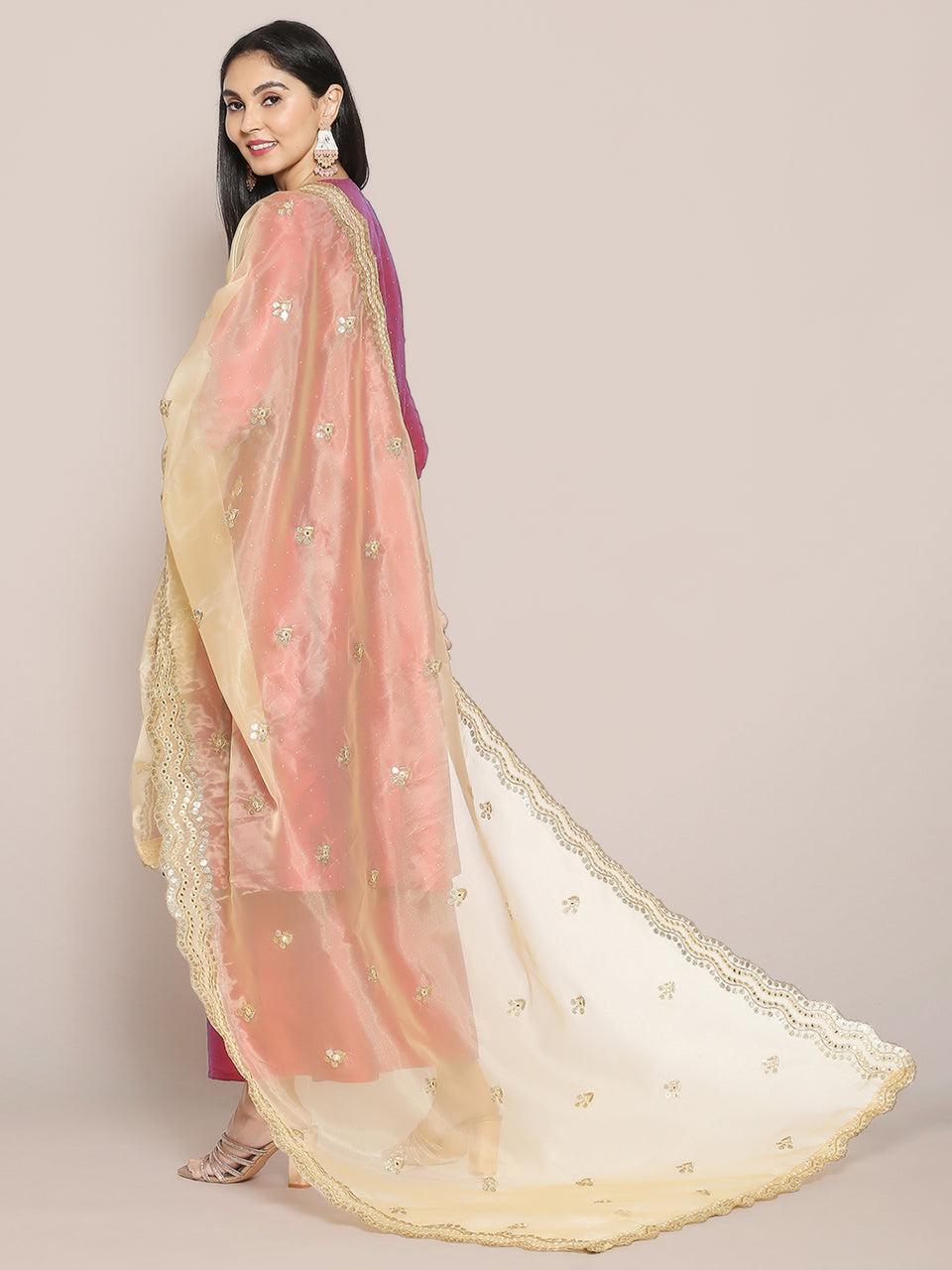 Embroidered Gold Glass Tissue Dupatta with Mirror Work freeshipping - Dupatta Bazaar