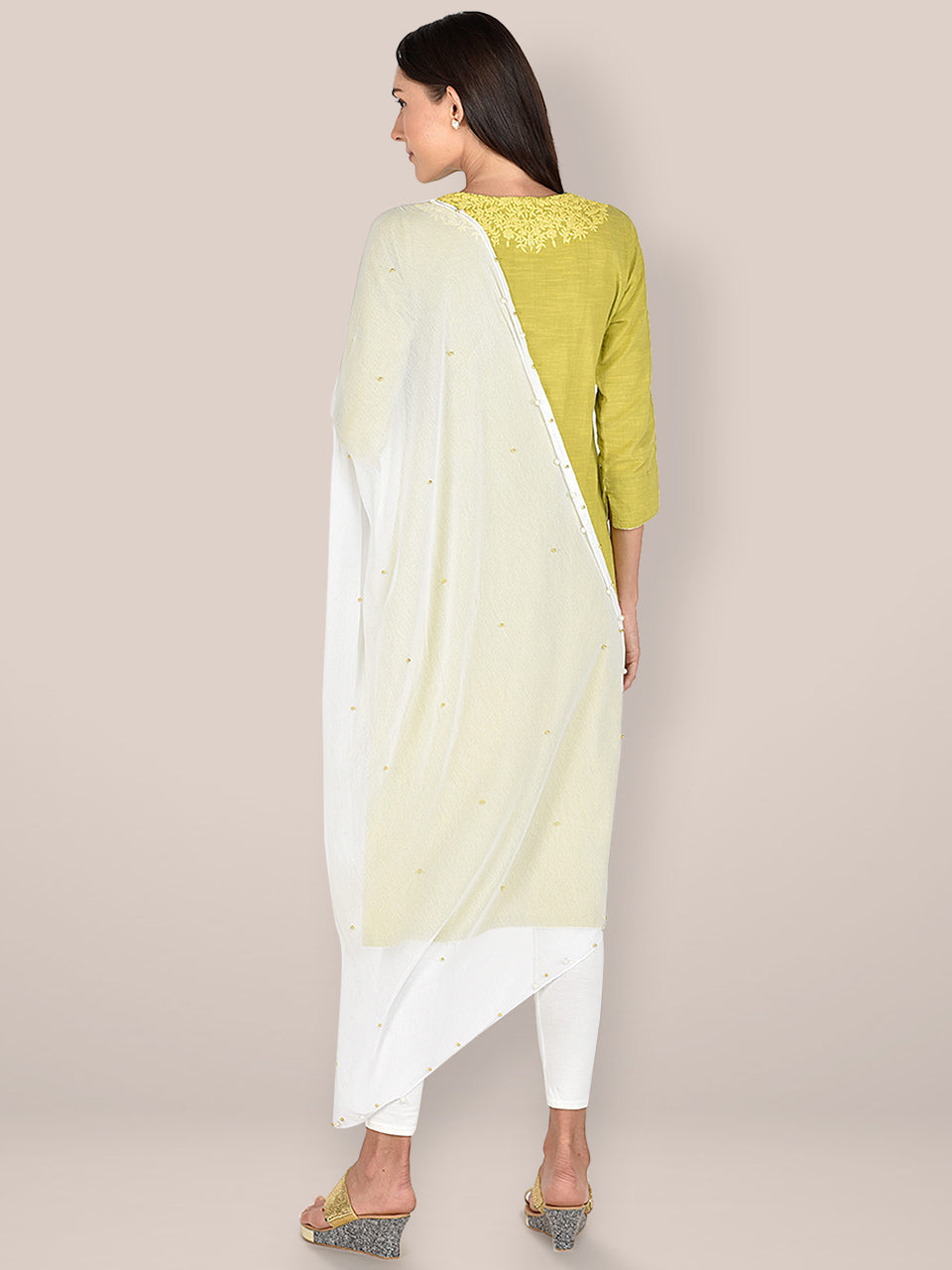 WhiteChiffon Dupatta with Pearls & Beads freeshipping - Dupatta Bazaar
