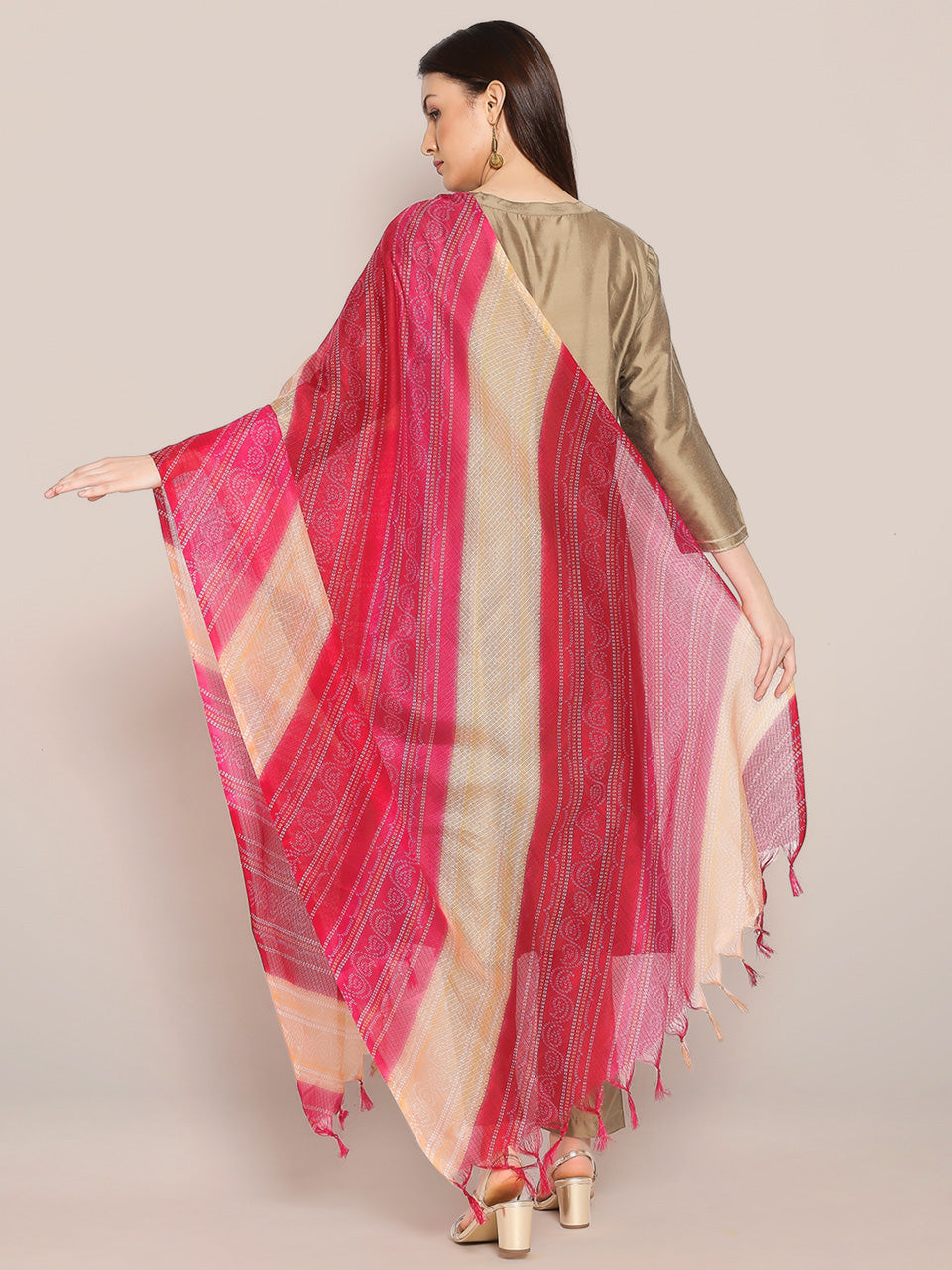 Digital Printed Pink & Beige Bandhini Kota Doria Dupatta freeshipping - Dupatta Bazaar