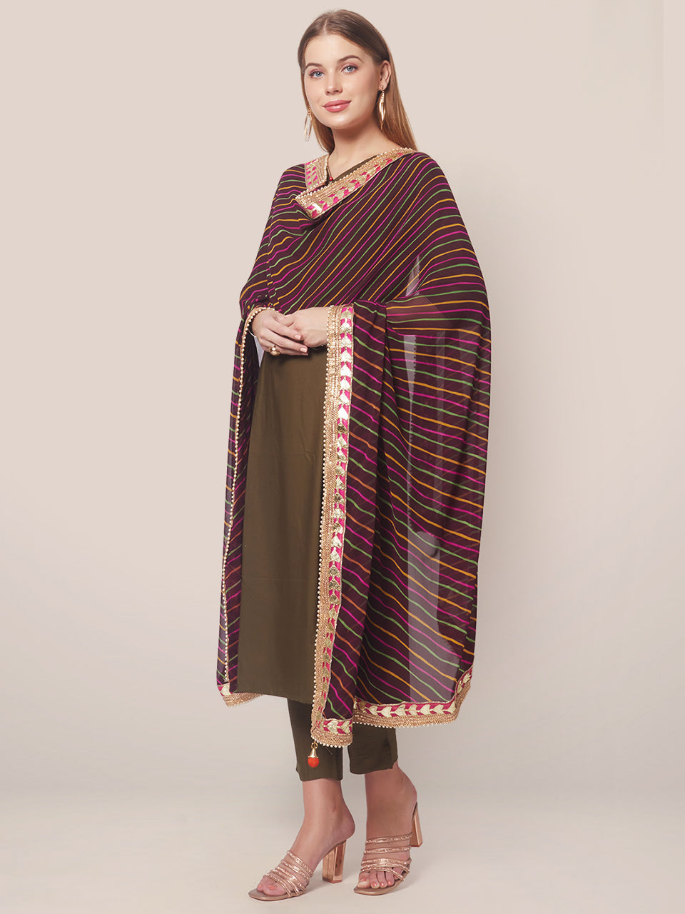 Georgette dupatta with Multi Colour Stripes  and Gotta Patti border freeshipping - Dupatta Bazaar