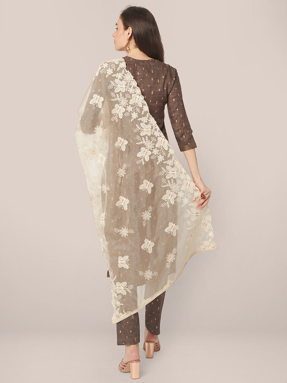 Beige Organza Dupatta with Butterfly Embroidery freeshipping - Dupatta Bazaar