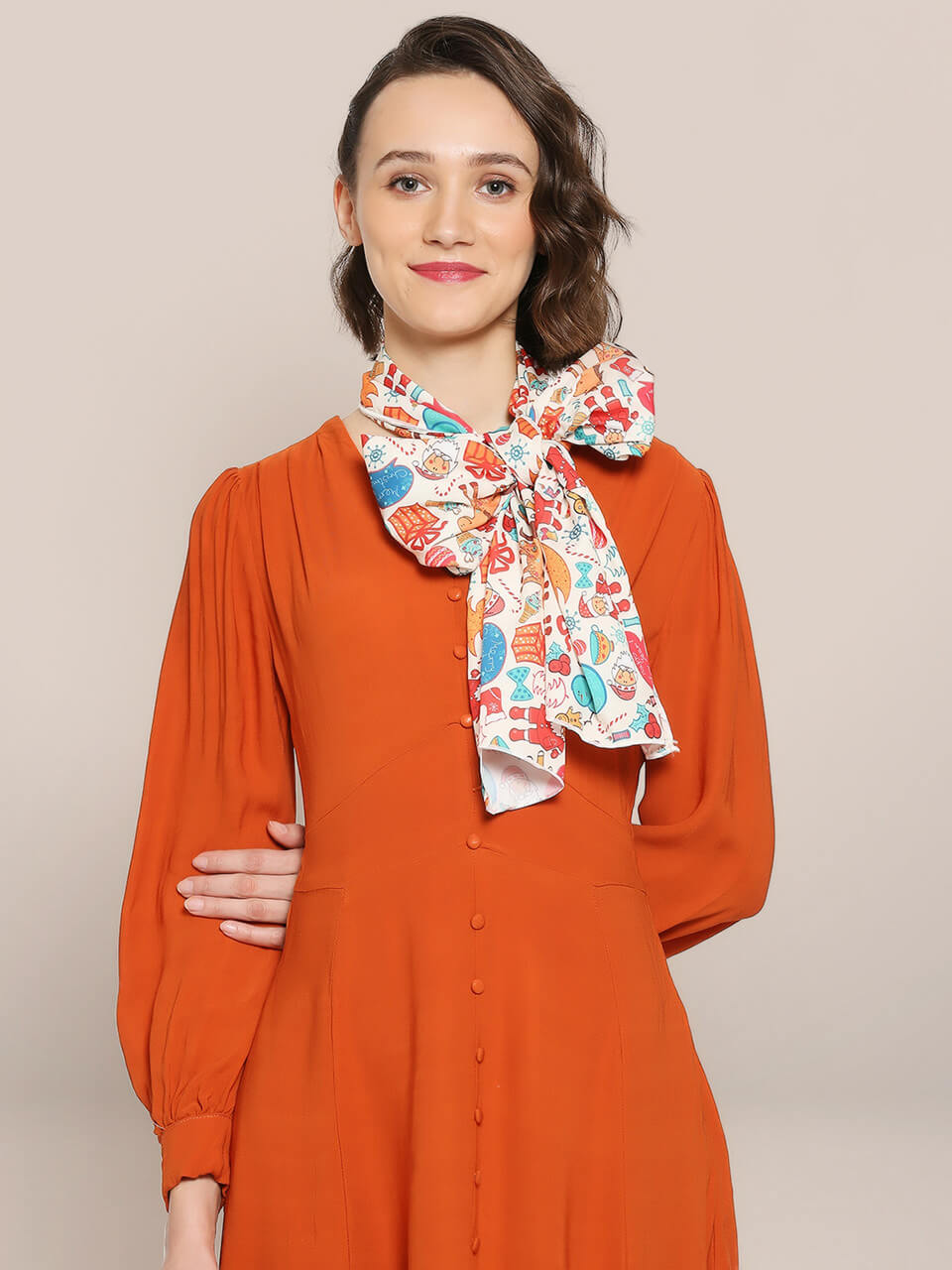 Printed Cream & Multicolor Silk Blend  Scarf/ Stole 