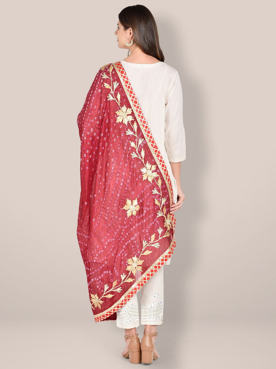 Maroon Bandhini Dupatta with Gotta Patti Work. freeshipping - Dupatta Bazaar