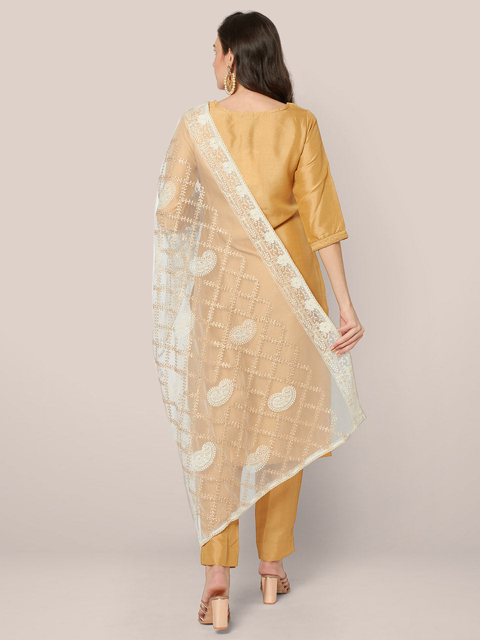 Cream Lucknowi Net Dupatta with Gold Embroidery freeshipping - Dupatta Bazaar