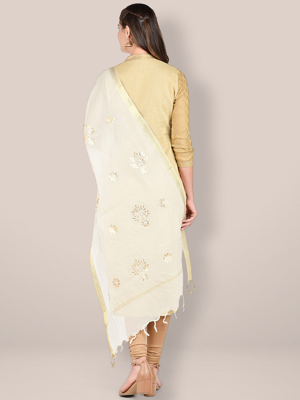 Cream Cotton Dupatta with Gotta Patti Motifs. freeshipping - Dupatta Bazaar