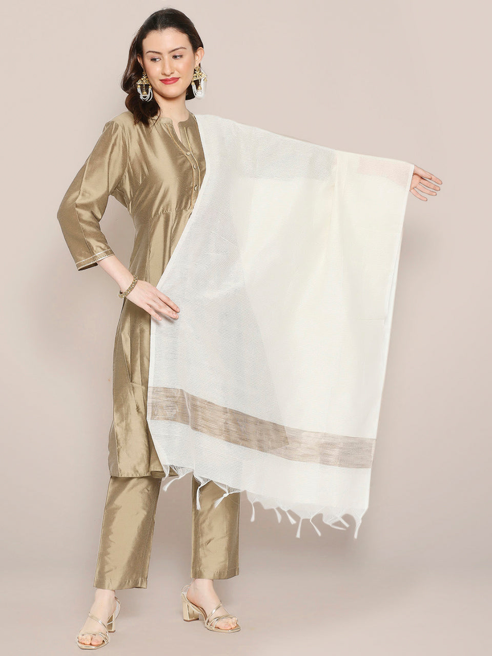 Off White Handloom Cotton dupatta with Brown border freeshipping - Dupatta Bazaar