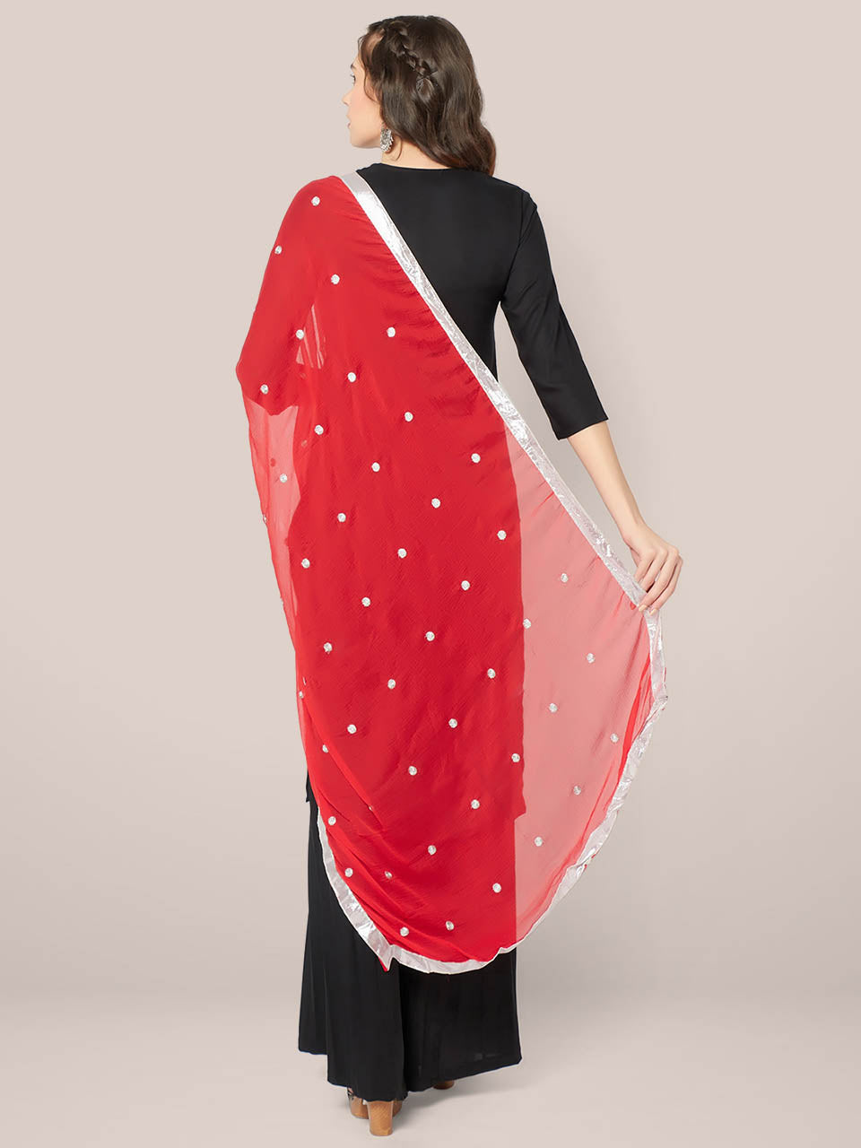 Red Chiffon Dupatta with Silver Embroidery freeshipping - Dupatta Bazaar