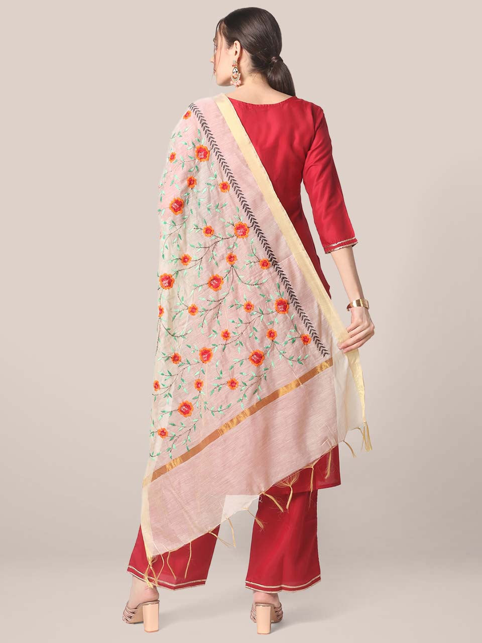Cream Silk Dupatta with Multicoloured Floral Embroidery freeshipping - Dupatta Bazaar