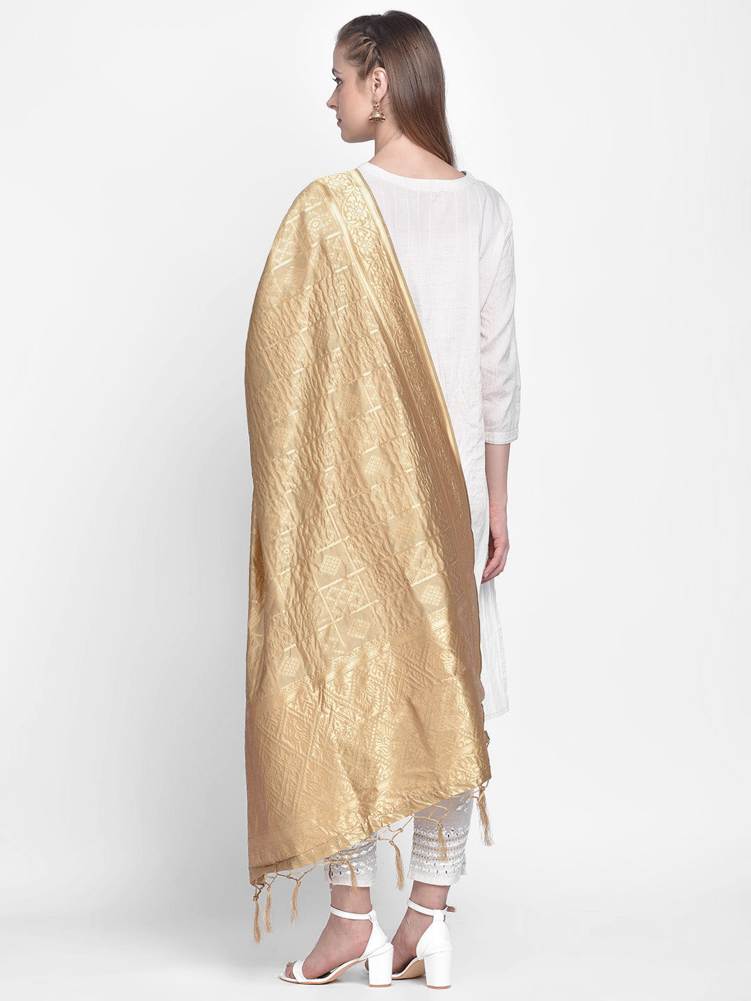 Dupatta Bazaar Woman's Gold Banarasi Silk Dupatta with Bhandej design. - Dupatta Bazaar