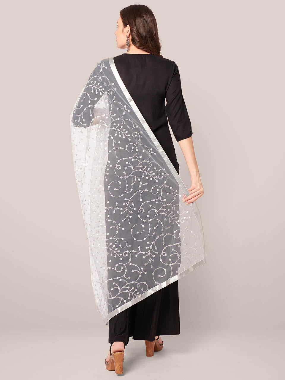 Embroidered Silver Net Dupatta freeshipping - Dupatta Bazaar