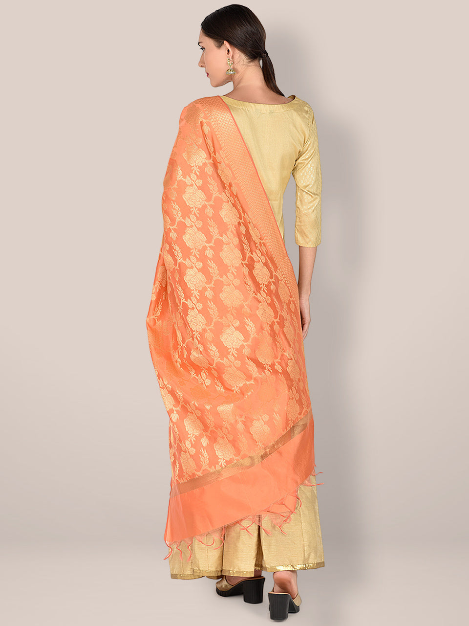 Banarasi Peach Silk Dupatta with Floral Jaal freeshipping - Dupatta Bazaar