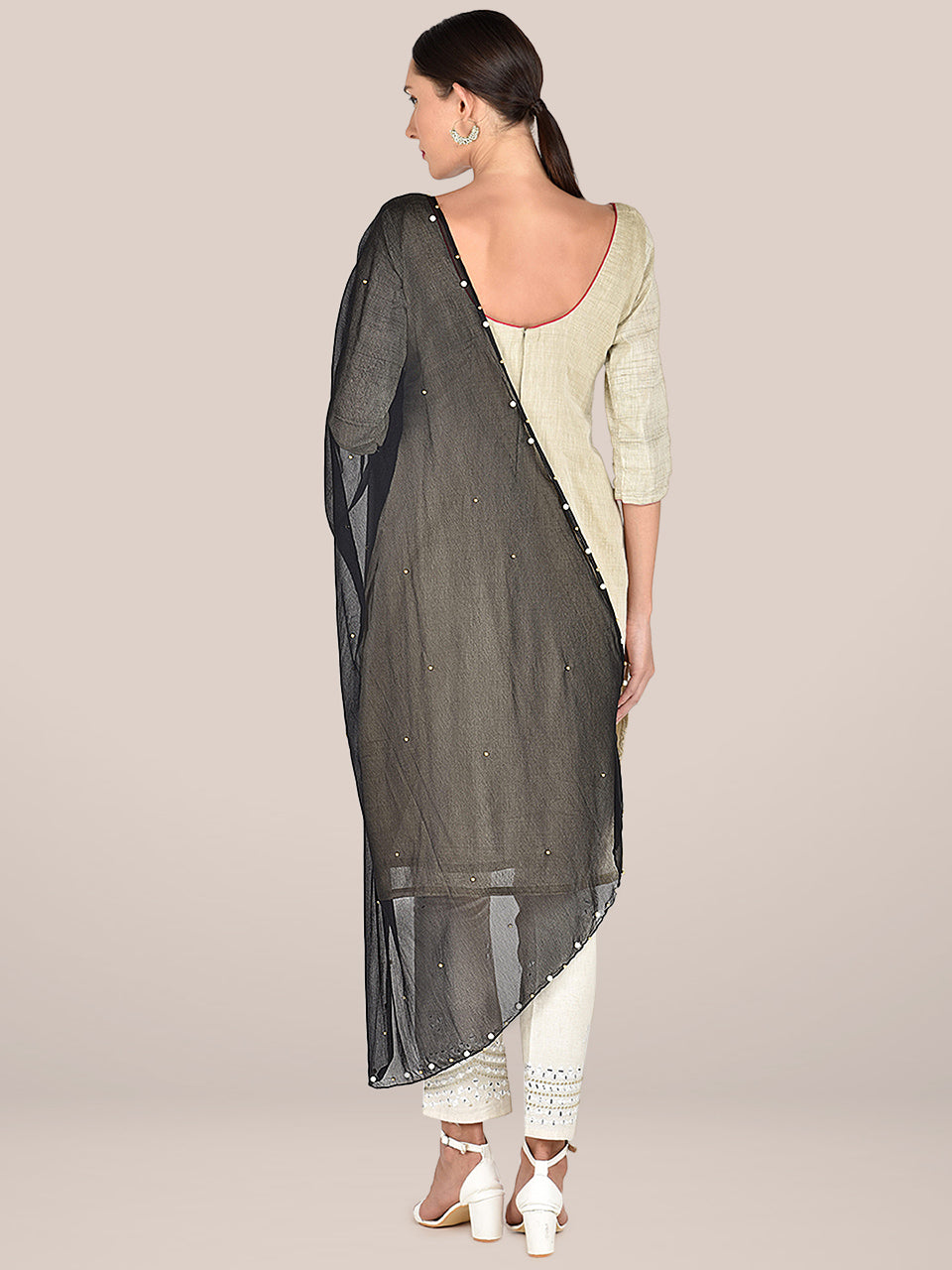 Black Chiffon Dupatta with Pearls & Beads freeshipping - Dupatta Bazaar