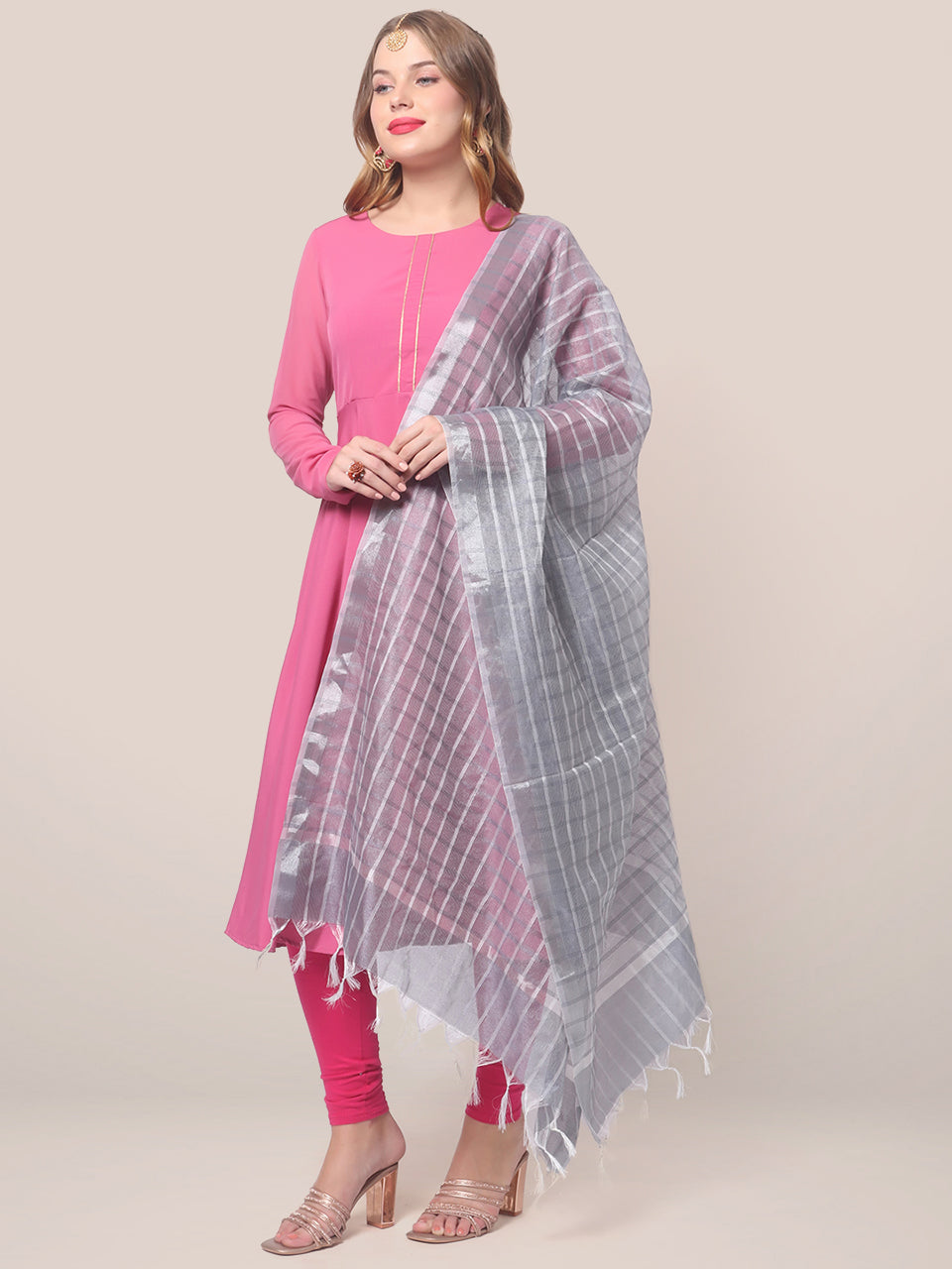 Checkered Silver Grey Blended Silk Dupatta freeshipping - Dupatta Bazaar