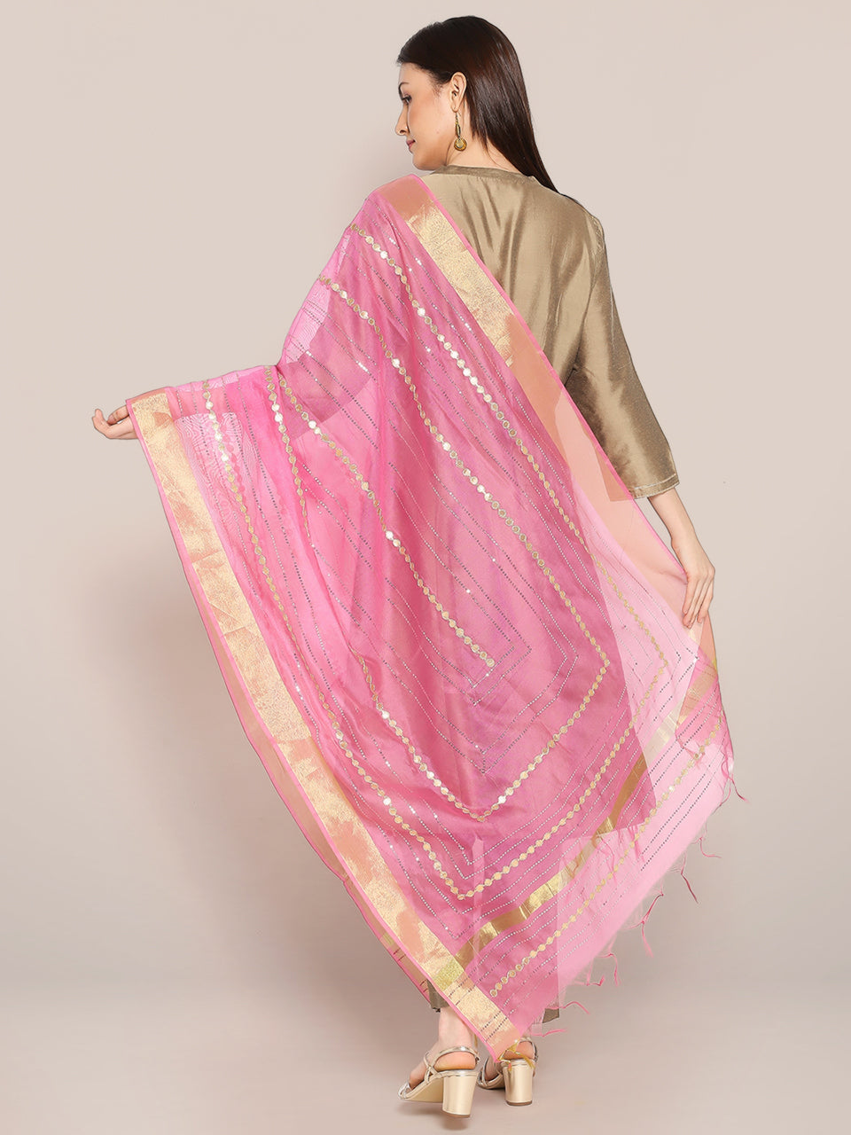 Baby Pink Chanderi Silk Dupatta with Sequins & Gotta Patti freeshipping - Dupatta Bazaar