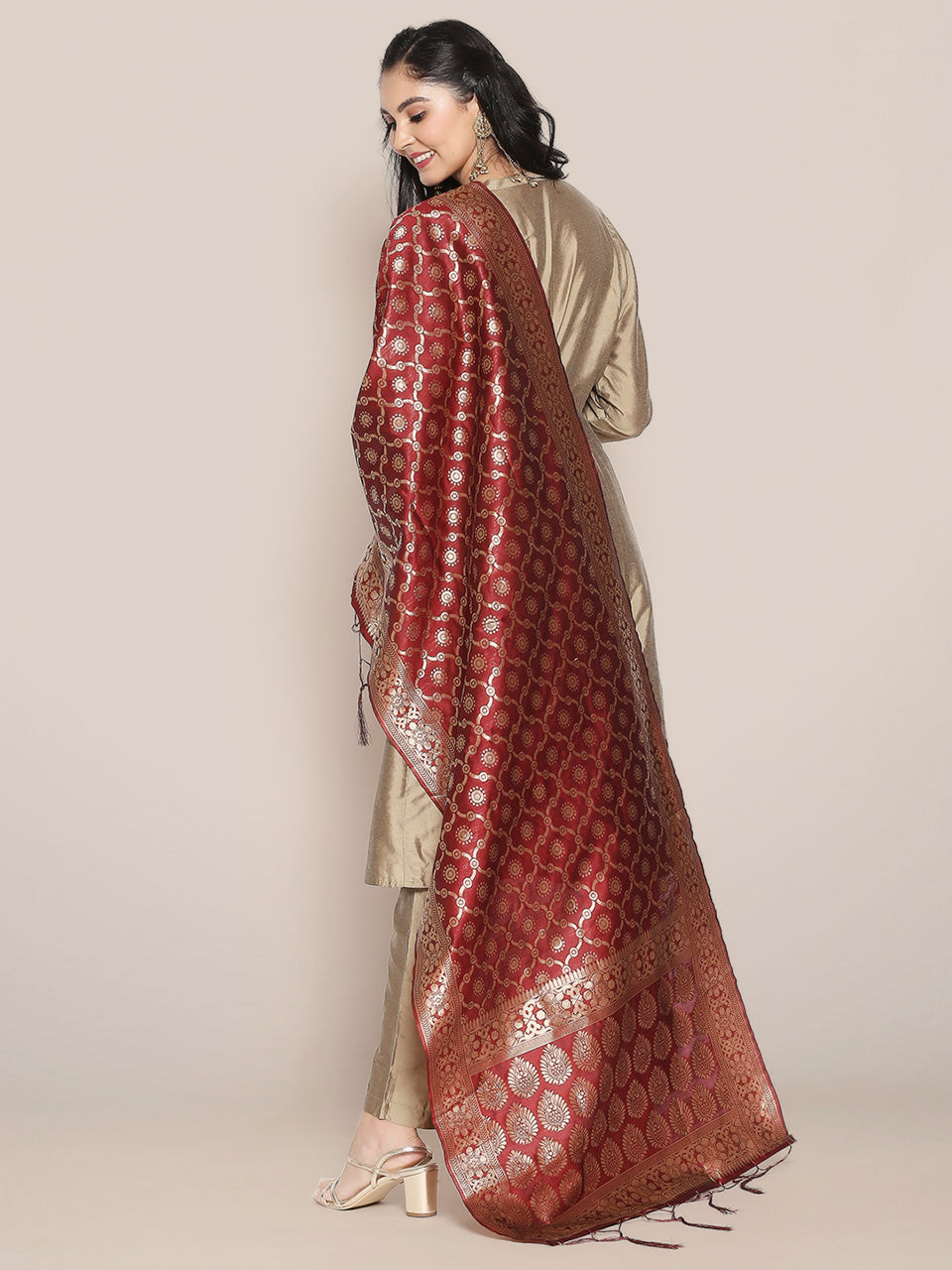 Maroon Banarasi Silk Dupatta with Bhandej design. freeshipping - Dupatta Bazaar