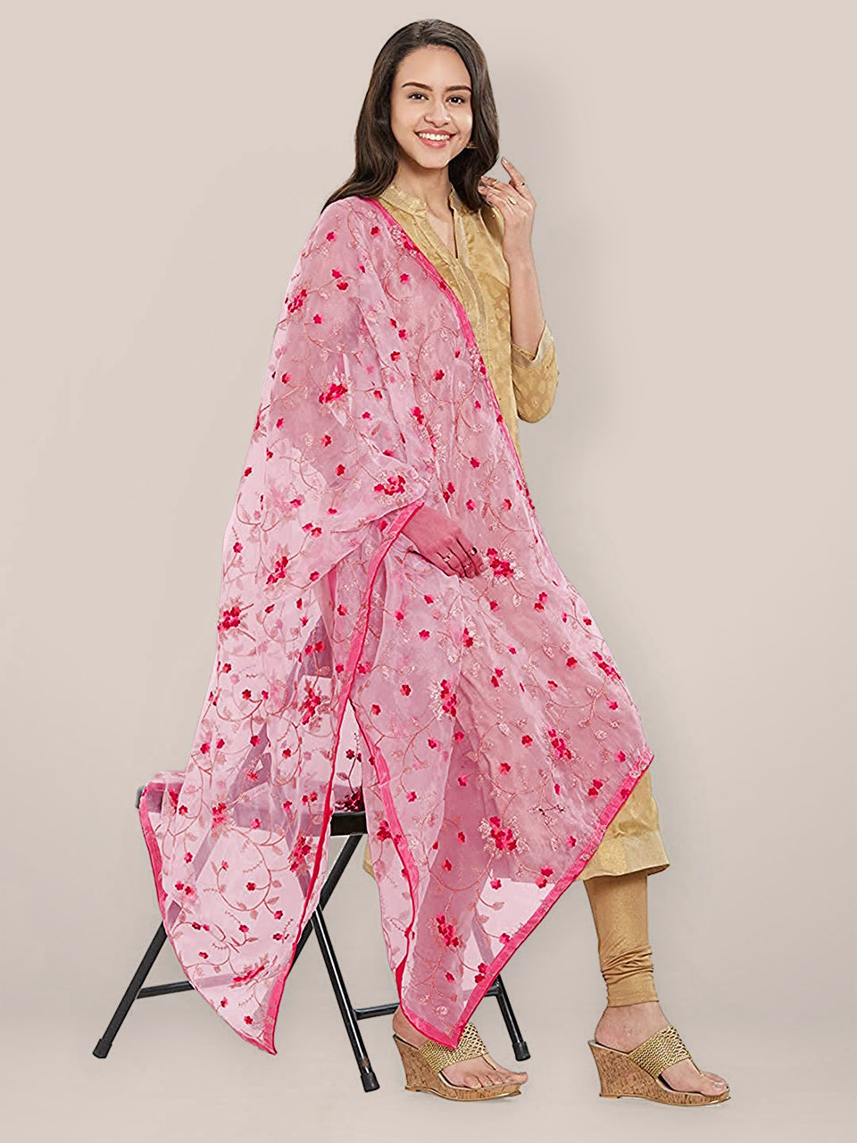 Pink Organza Dupatta with floral Embroidery freeshipping - Dupatta Bazaar