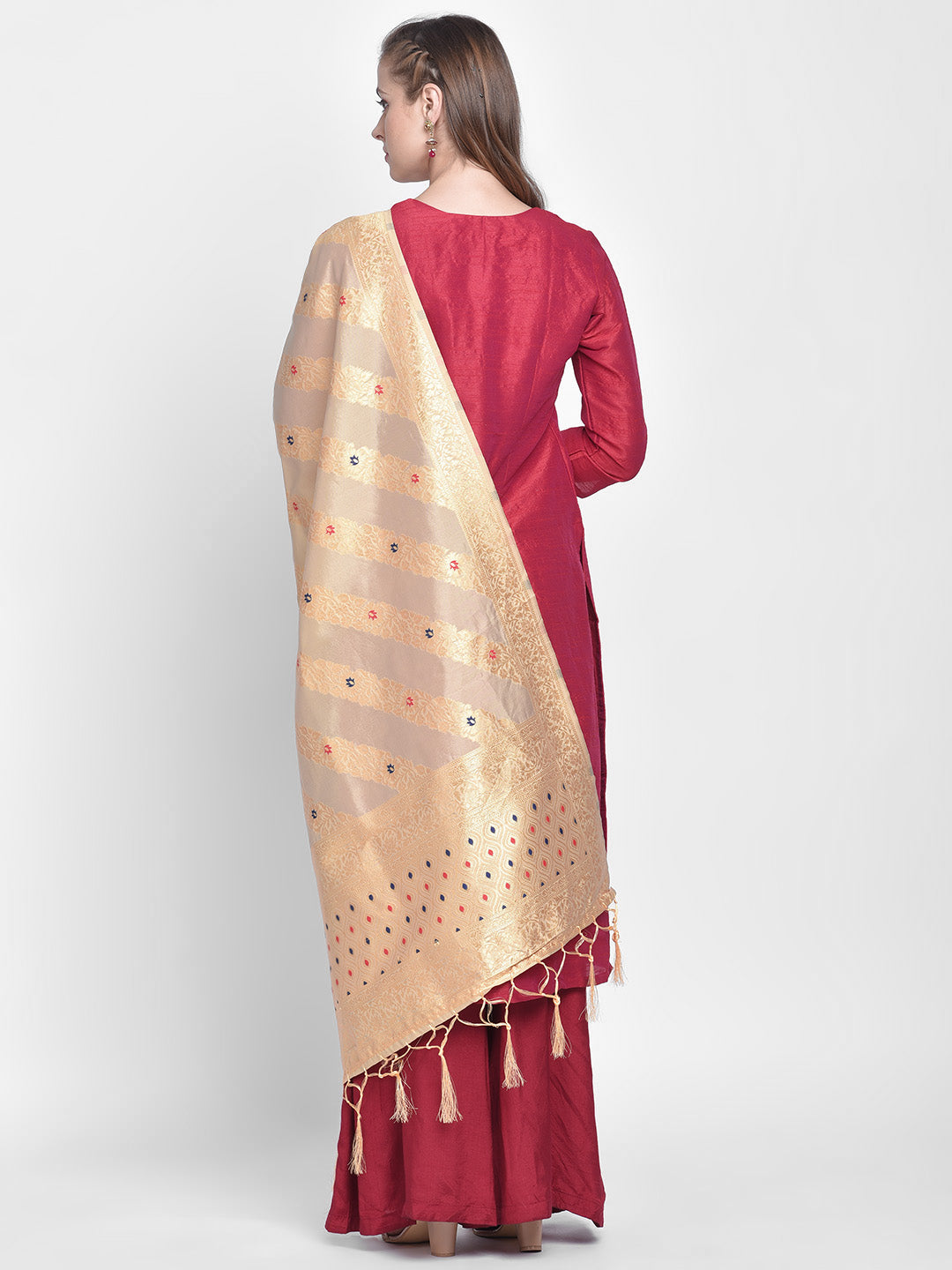 Dupatta Bazaar Woman's Beige Banarasi Silk Dupatta with floral design. - Dupatta Bazaar