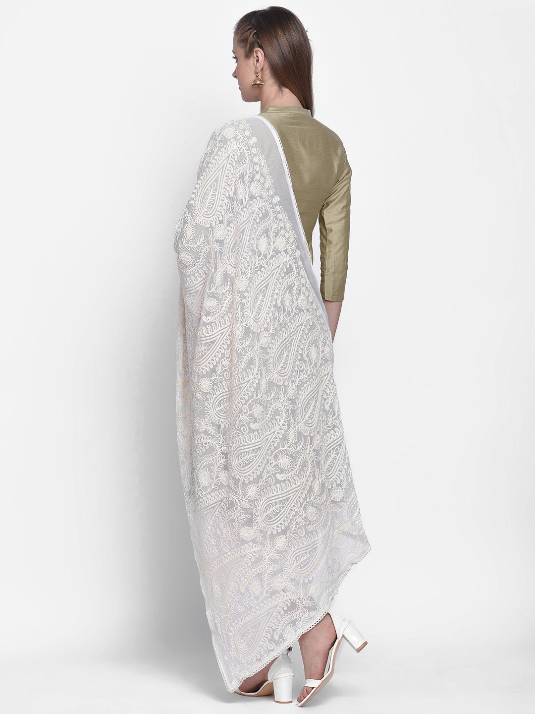 Dupatta Bazaar Woman's Embroidered White Chiffon Dupatta - Dupatta Bazaar