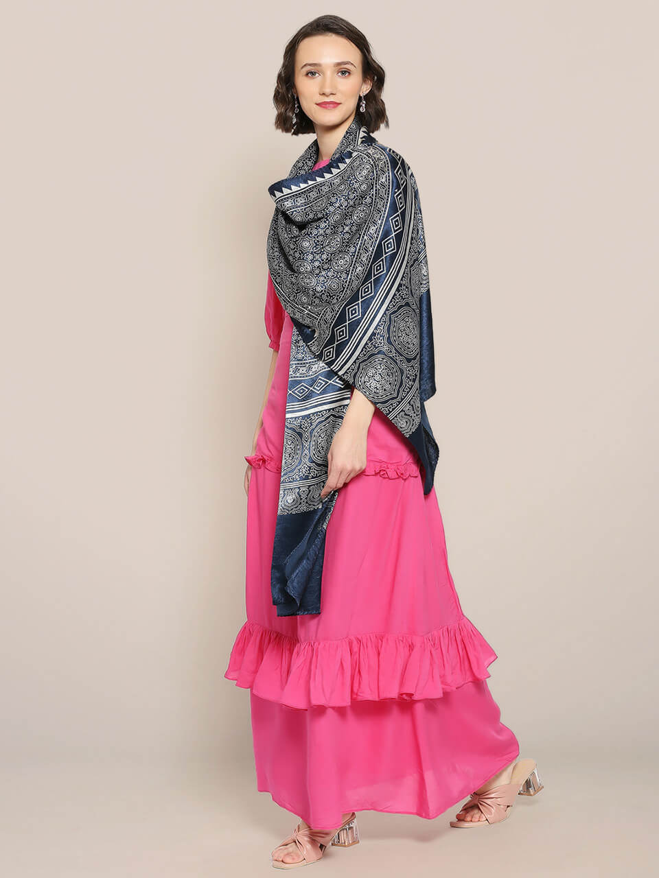 Ajrakh Hand Block Printed Blue Mushru Stole 