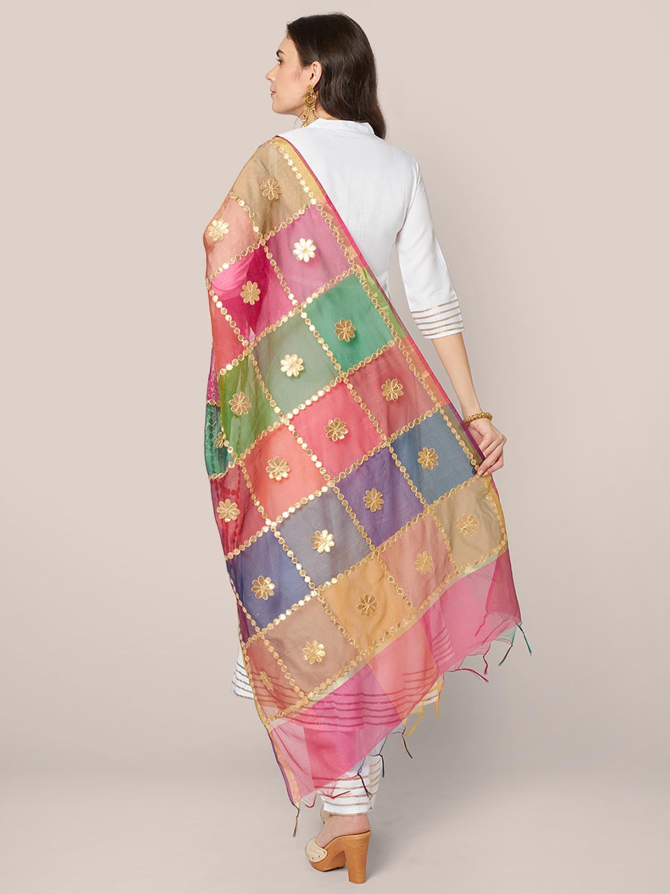 Multicoloured Checkered Silk Blend Dupatta with Gotta Patti Work freeshipping - Dupatta Bazaar