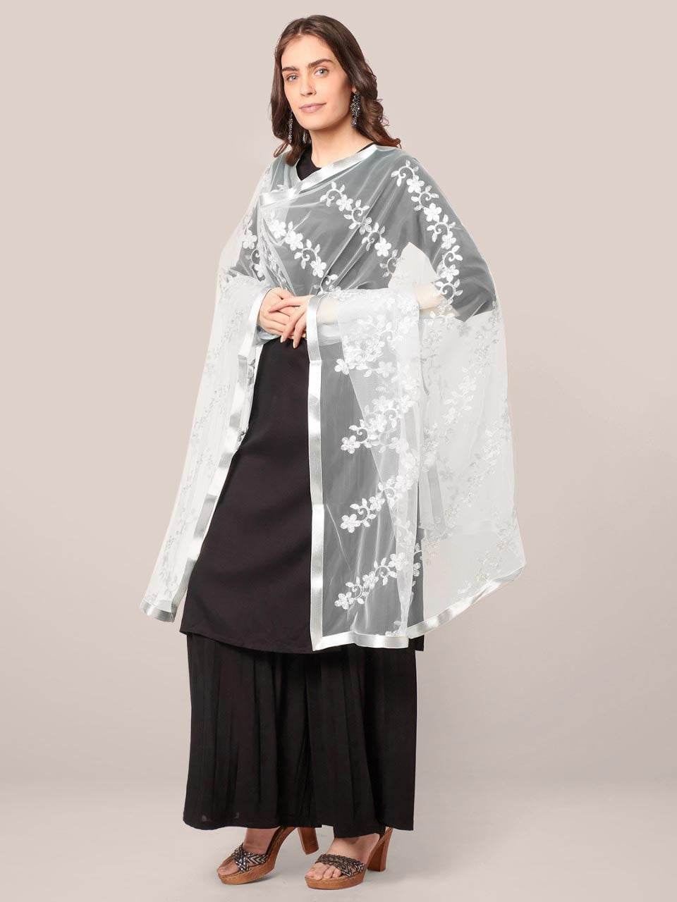 Embroidered Silver Net Dupatta with Satin Border freeshipping - Dupatta Bazaar