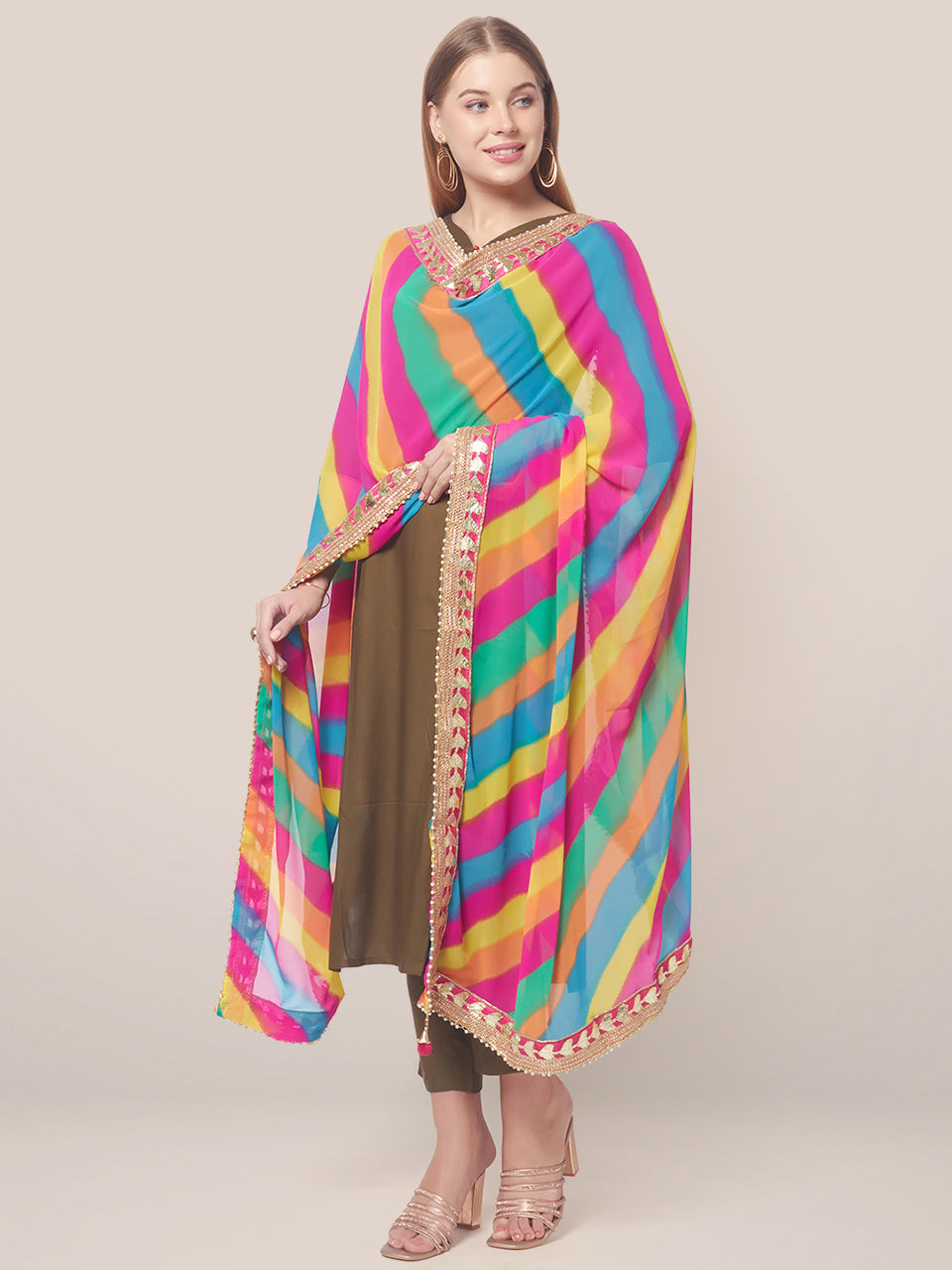 Georgette dupatta with Multi Colour Stripes and Gotta Patti border freeshipping - Dupatta Bazaar