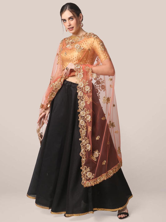 Peach Embroidered Net Dupatta with Cutwork freeshipping - Dupatta Bazaar