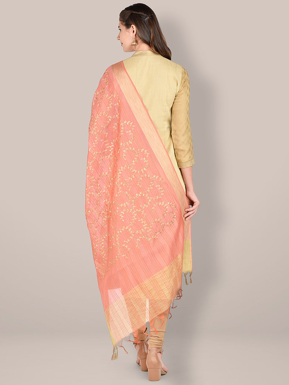 Embroidered Peach Blended Silk Dupatta. freeshipping - Dupatta Bazaar